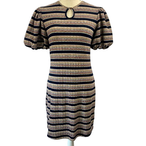 Ebba Dress Lightweight Knit Puffy Short Sleeves 
Striped Keyhole neckline